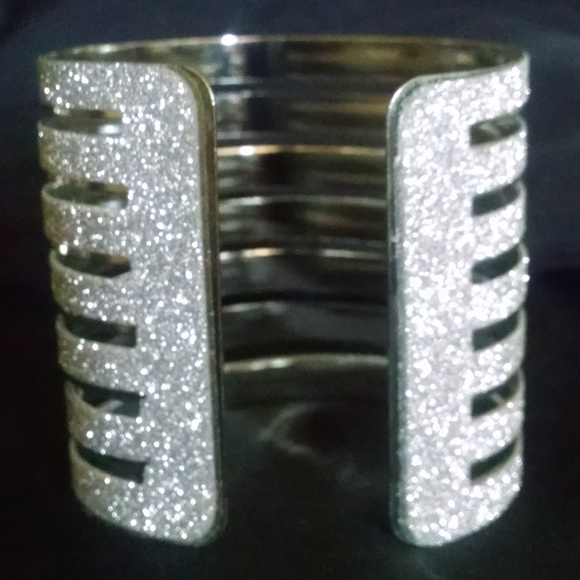 Rhodium Bling Sparkle Glitter Wide Cuff Bracelet